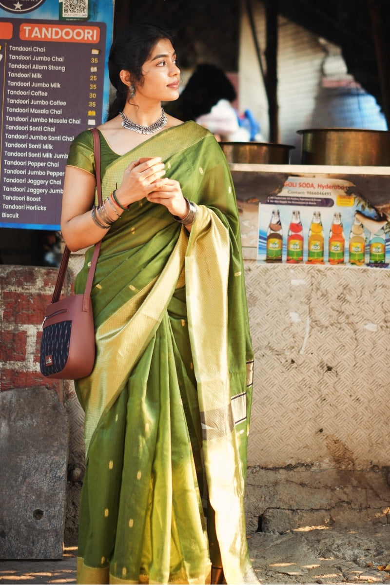 Prettiest Green Cotton Silk Saree With Gorgeous Blouse Piece