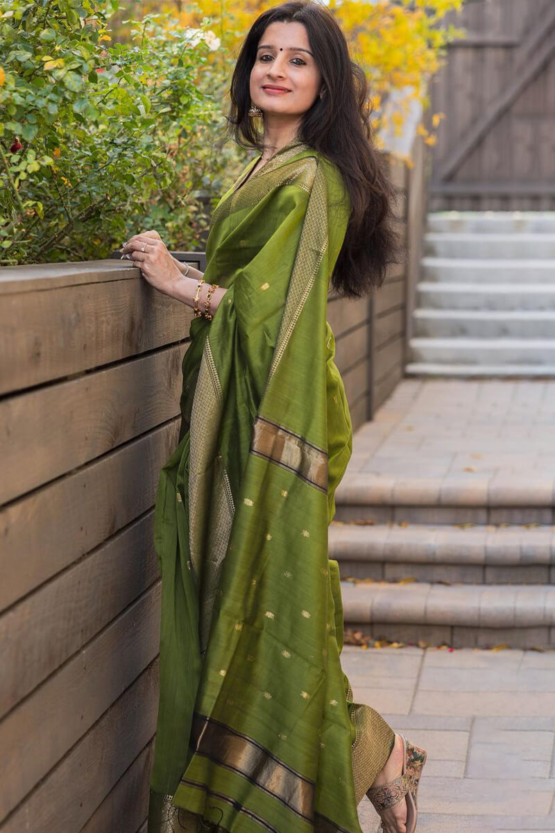 Tempting Green Cotton Silk Saree With Embellished Blouse Piece