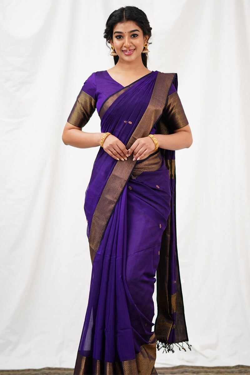 Fugacious Purple Cotton Silk Saree With Angelic Blouse Piece