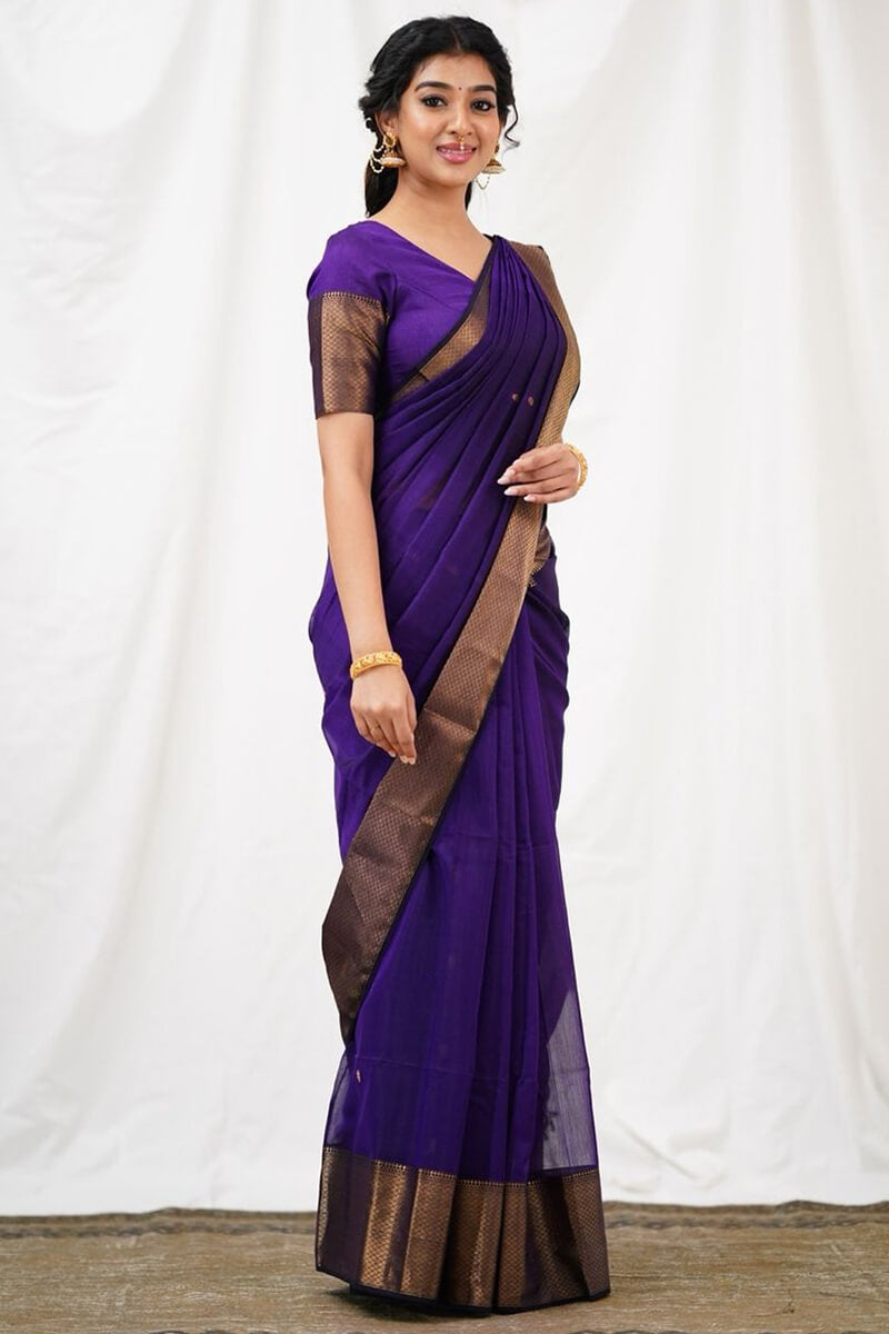 Fugacious Purple Cotton Silk Saree With Angelic Blouse Piece