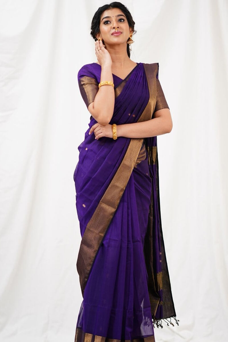 Fugacious Purple Cotton Silk Saree With Angelic Blouse Piece