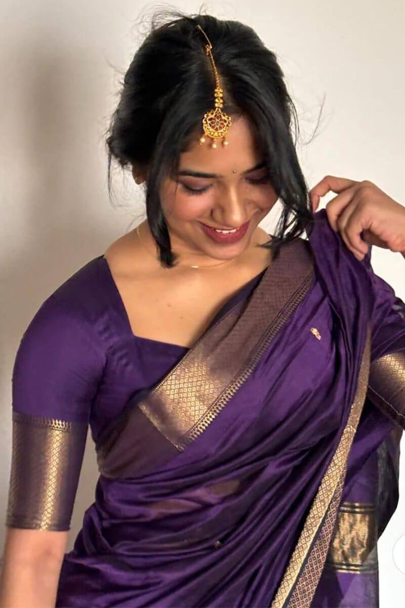 Susurrous Purple Cotton Silk Saree With Ethereal Blouse Piece