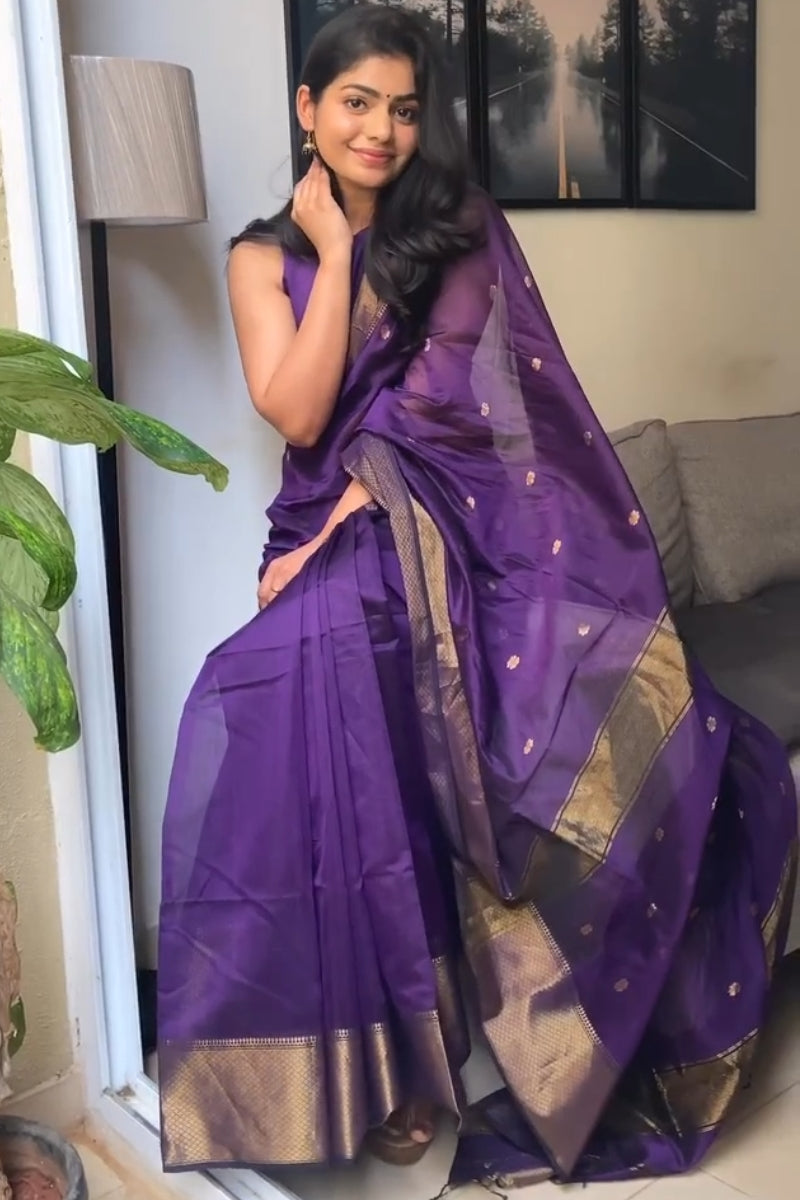 Marvellous Purple Cotton Silk Saree With Super Classy Blouse Piece