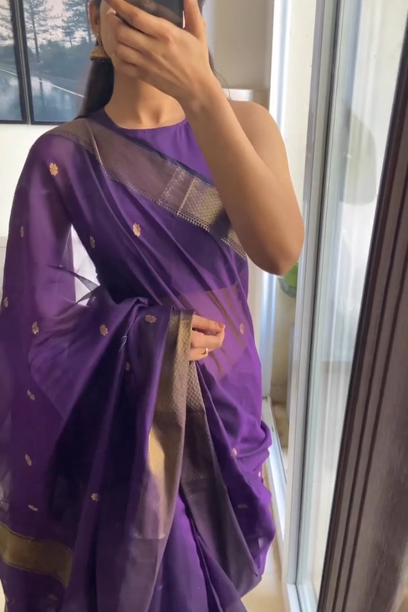 Marvellous Purple Cotton Silk Saree With Super Classy Blouse Piece