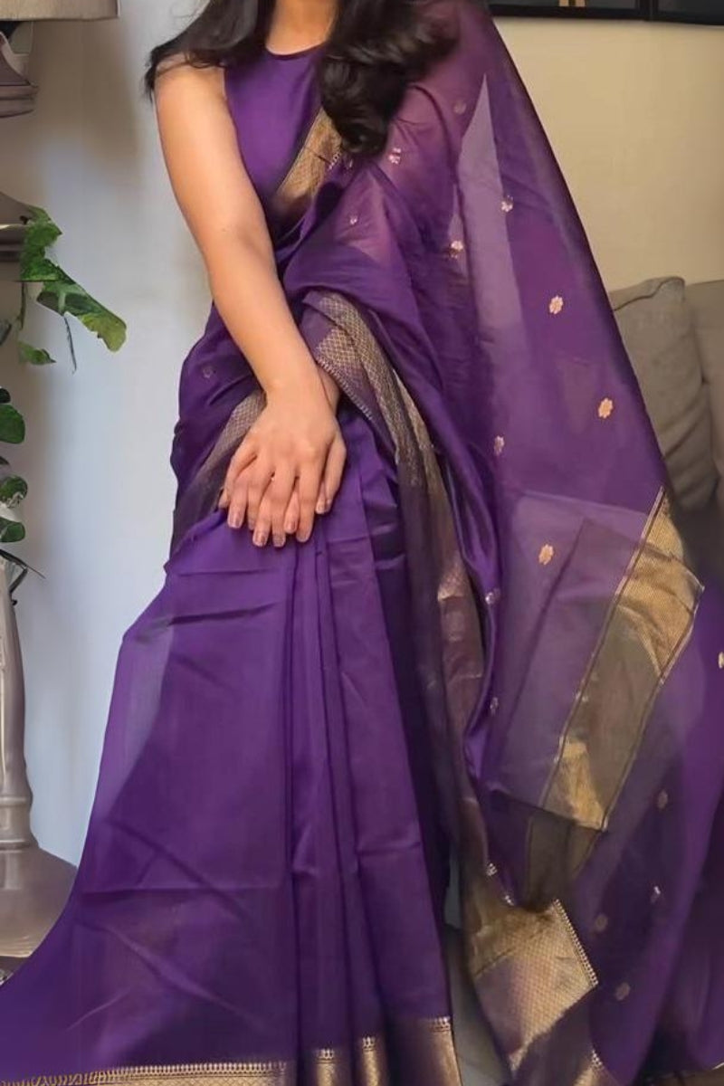 Marvellous Purple Cotton Silk Saree With Super Classy Blouse Piece