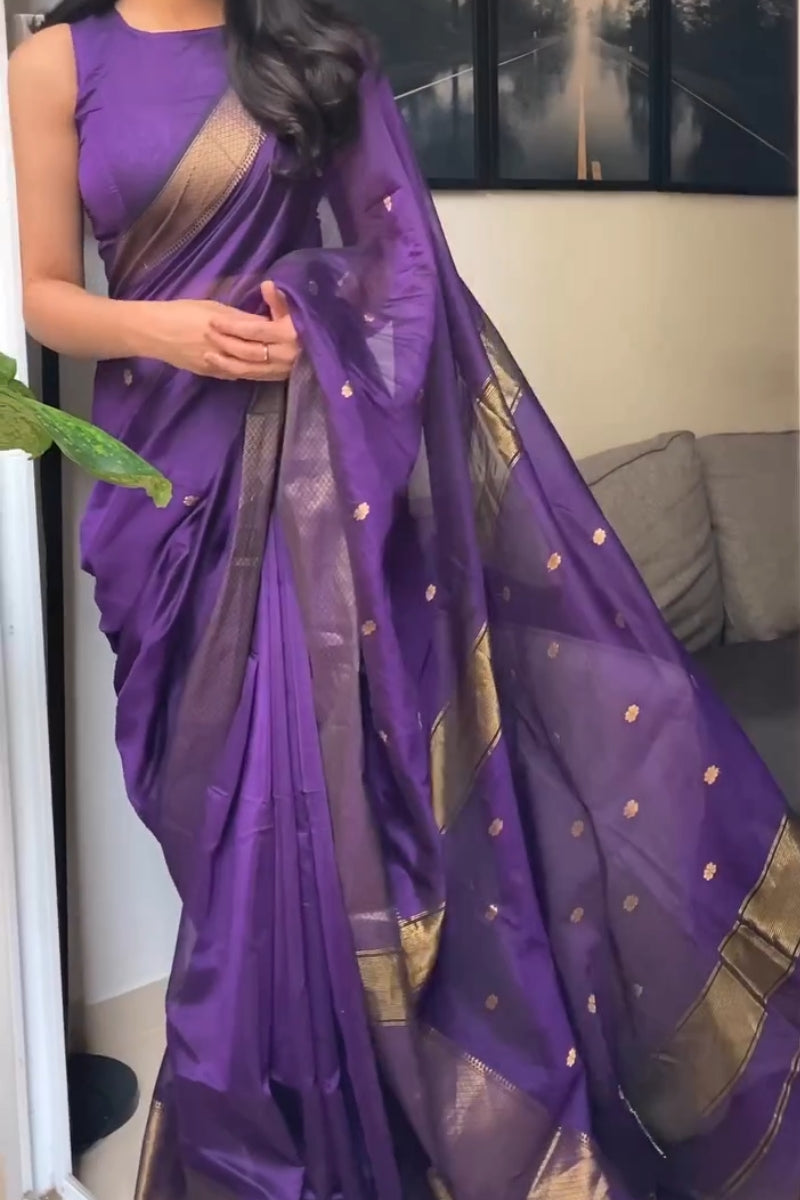 Marvellous Purple Cotton Silk Saree With Super Classy Blouse Piece