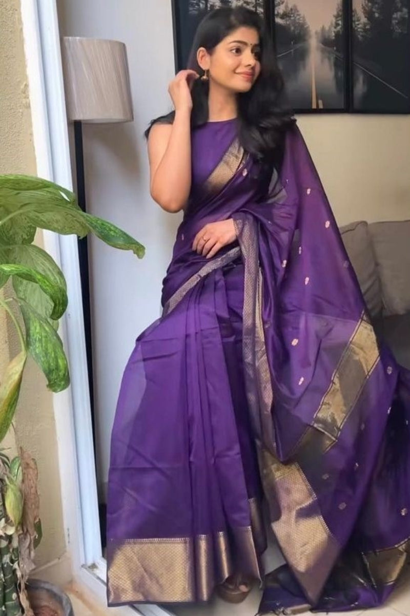 Marvellous Purple Cotton Silk Saree With Super Classy Blouse Piece