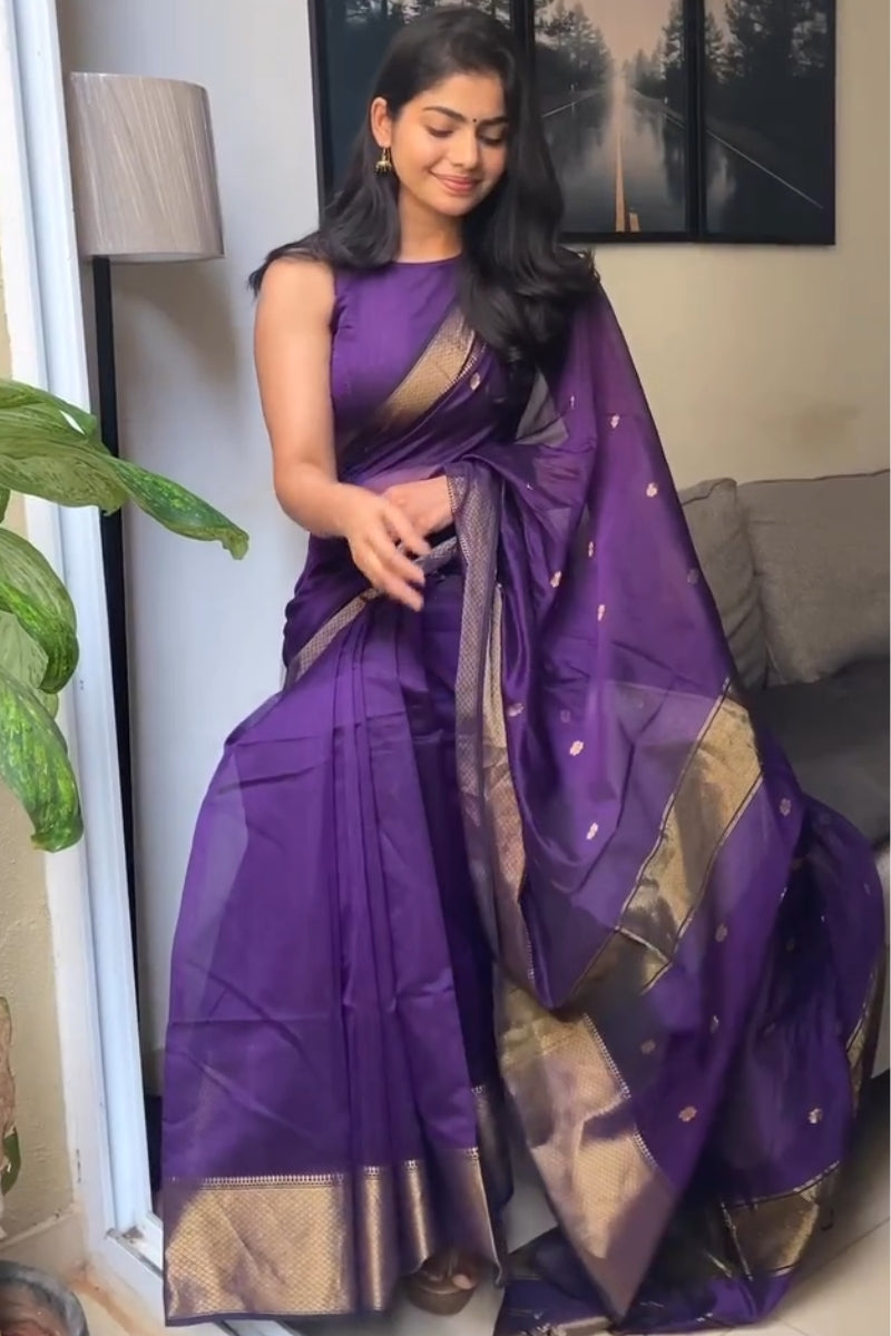 Marvellous Purple Cotton Silk Saree With Super Classy Blouse Piece