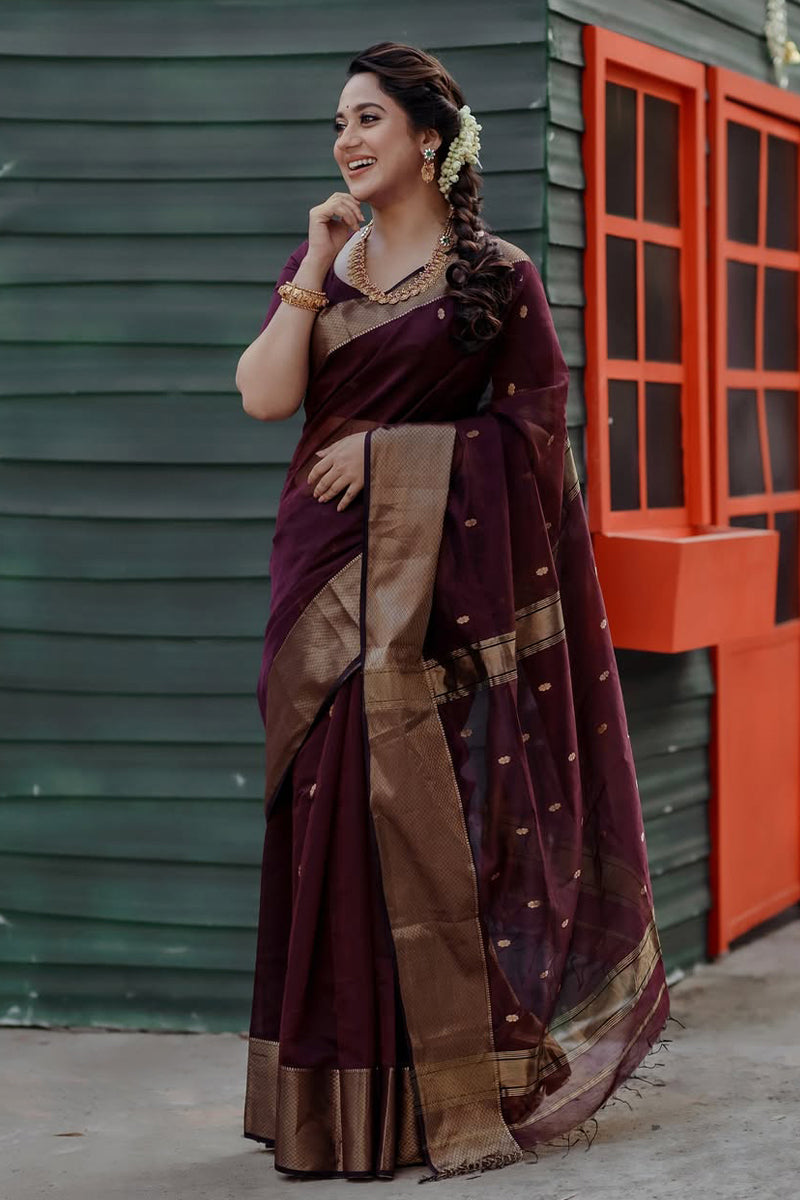 Angelic Wine Cotton Silk Saree With Exceptional Blouse Piece