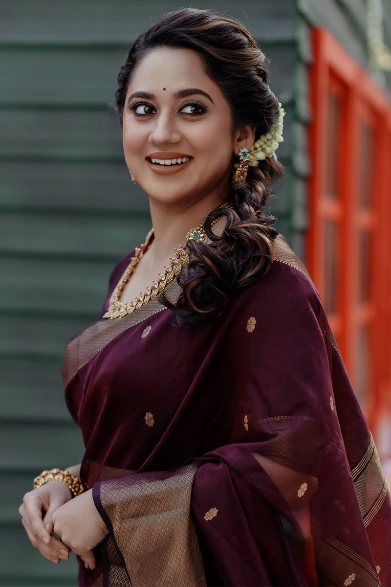 Angelic Wine Cotton Silk Saree With Exceptional Blouse Piece