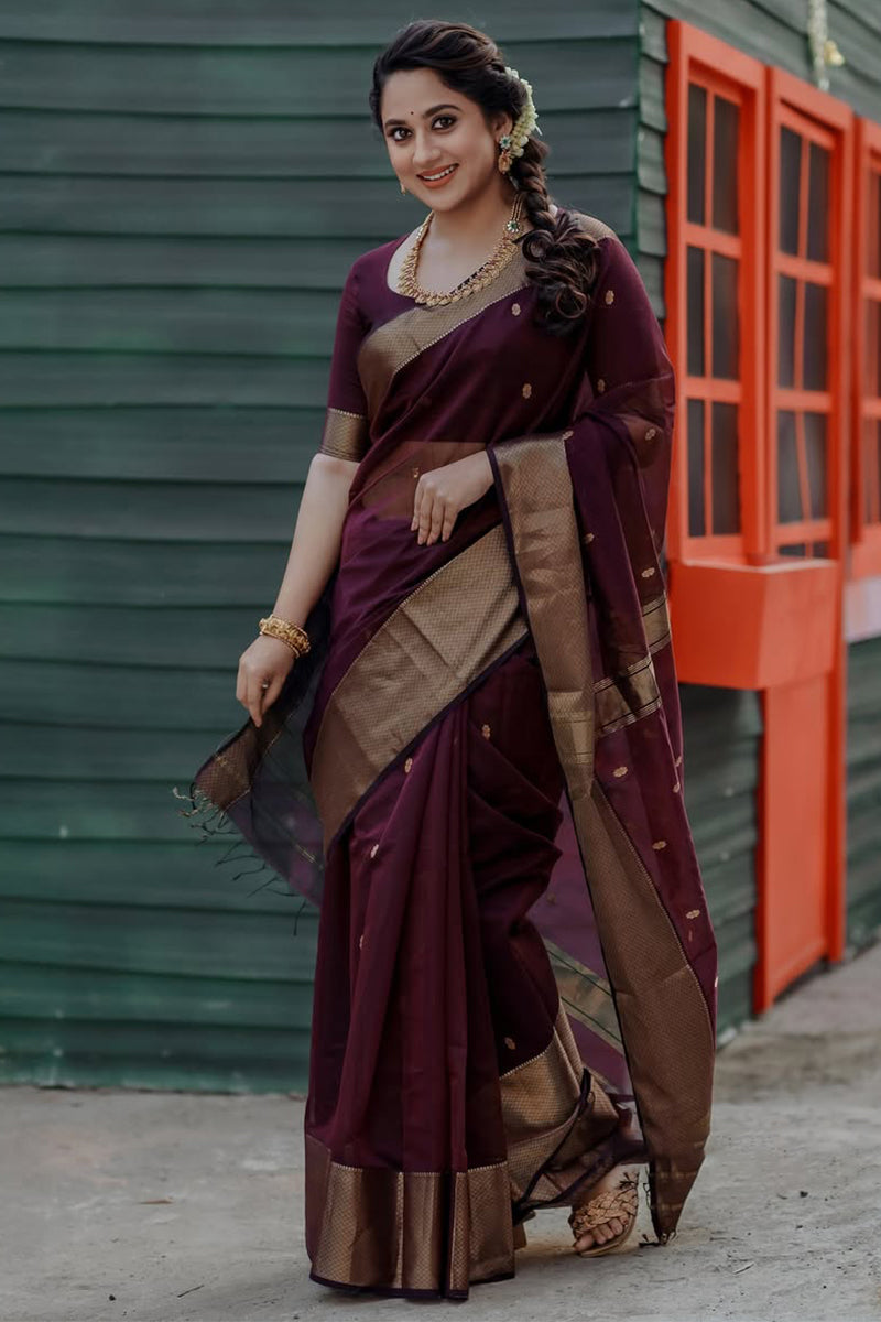 Angelic Wine Cotton Silk Saree With Exceptional Blouse Piece