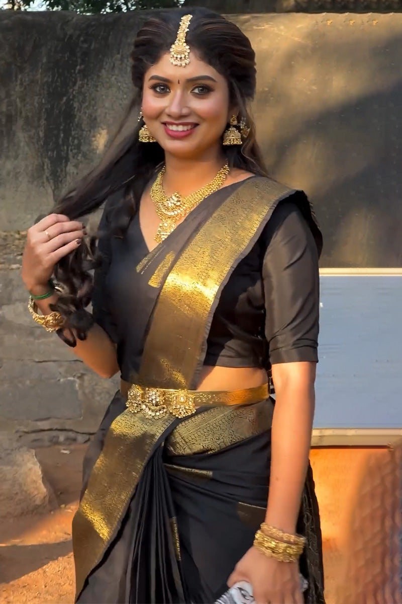 Ratatouille Black Soft Silk Saree With Smashing Blouse Piece