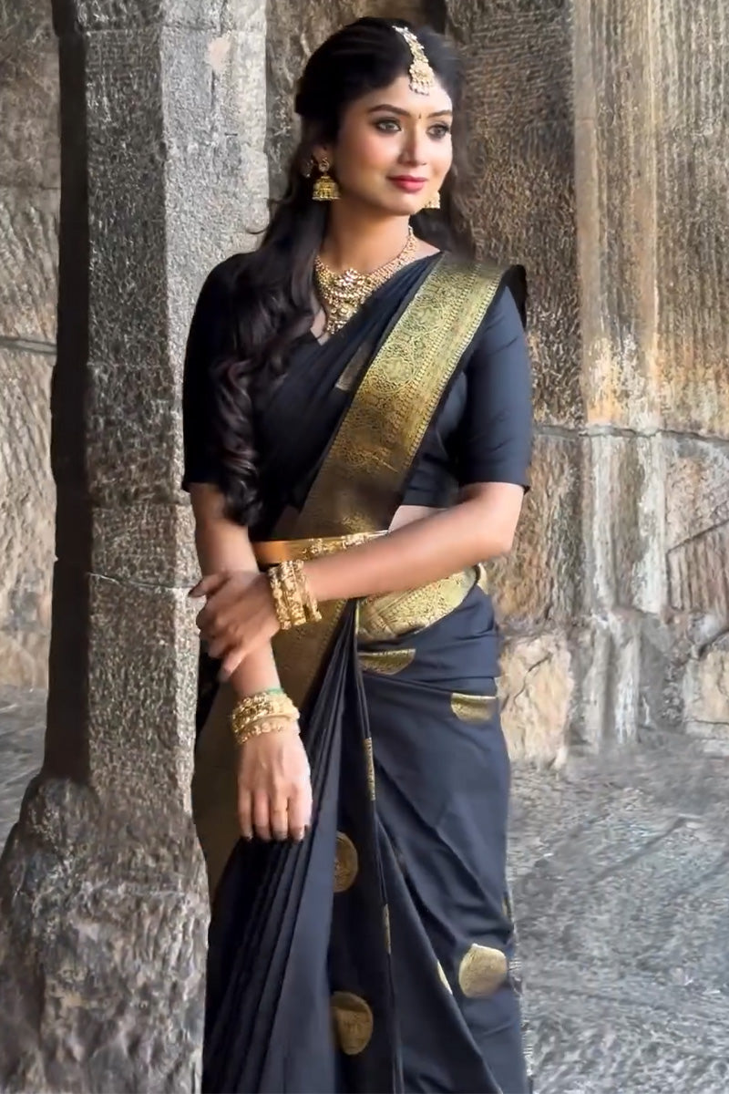 Ratatouille Black Soft Silk Saree With Smashing Blouse Piece