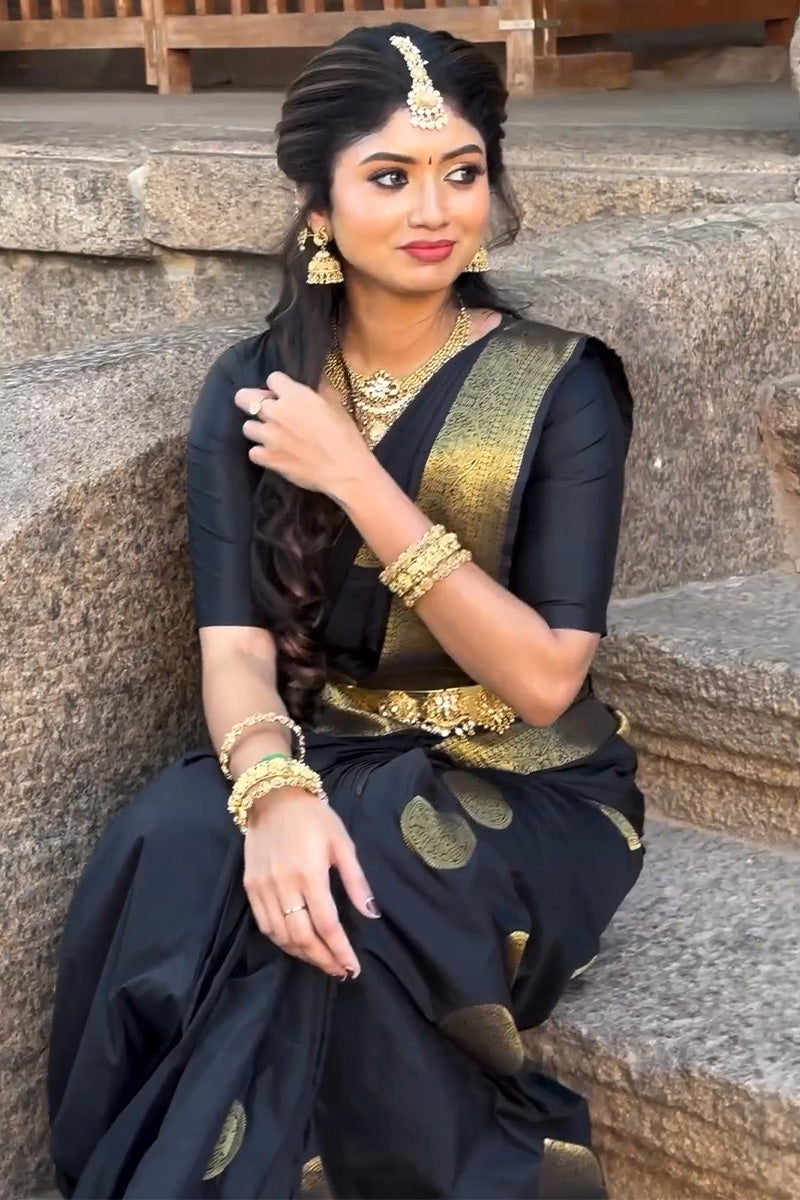 Ratatouille Black Soft Silk Saree With Smashing Blouse Piece