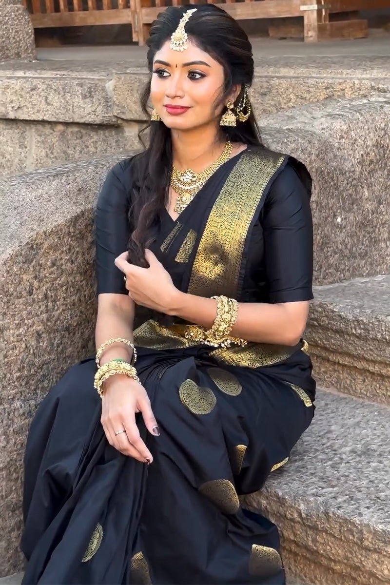 Ratatouille Black Soft Silk Saree With Smashing Blouse Piece