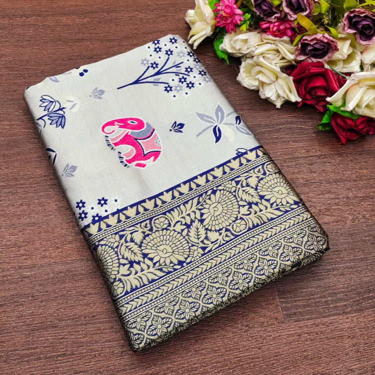 Fugacious Grey Soft Silk Saree With Sonorous Blouse Piece
