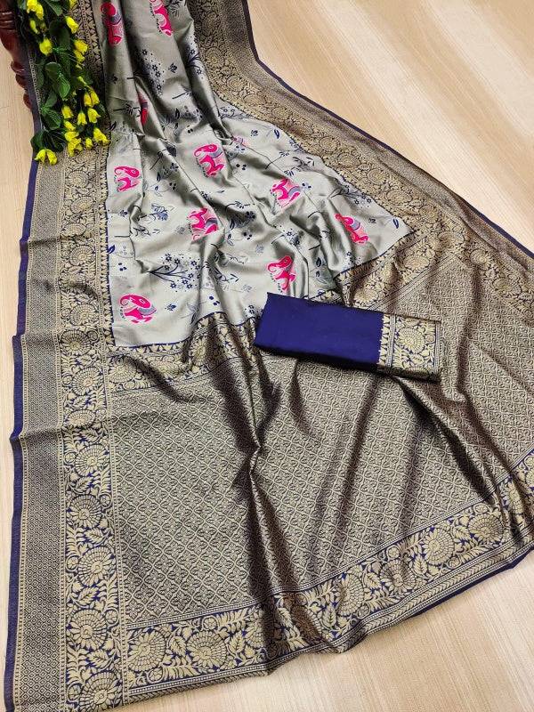 Fugacious Grey Soft Silk Saree With Sonorous Blouse Piece