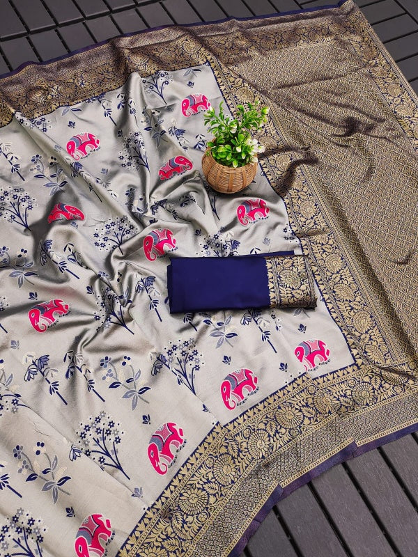 Fugacious Grey Soft Silk Saree With Sonorous Blouse Piece