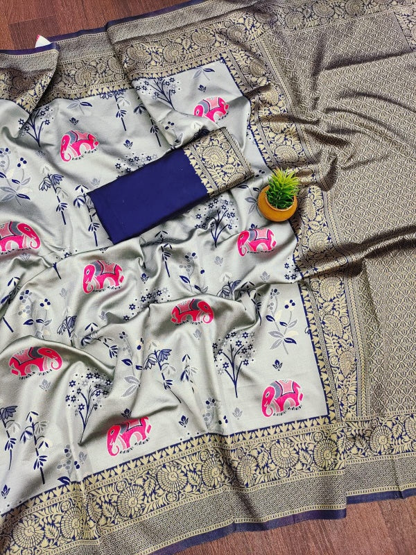 Fugacious Grey Soft Silk Saree With Sonorous Blouse Piece