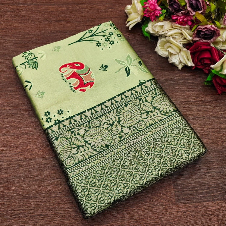 Innovative Pista Soft Silk Saree With Twirling Blouse Piece