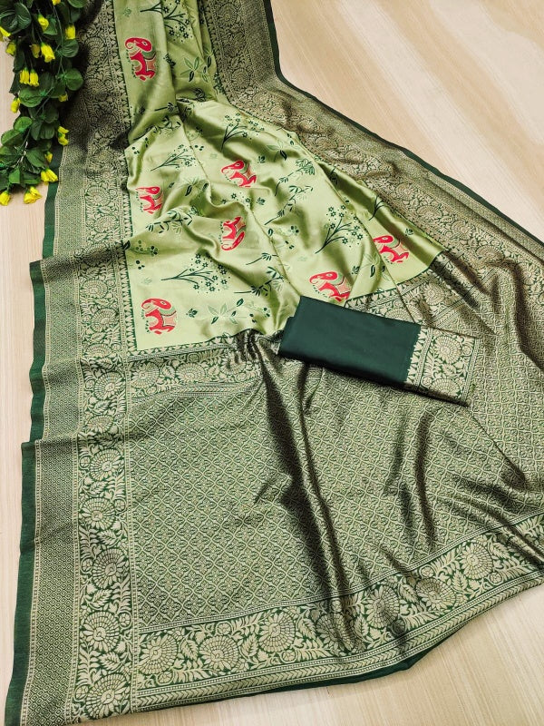 Innovative Pista Soft Silk Saree With Twirling Blouse Piece
