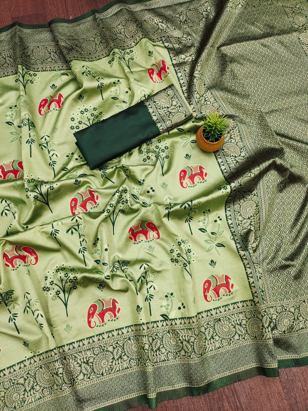 Innovative Pista Soft Silk Saree With Twirling Blouse Piece