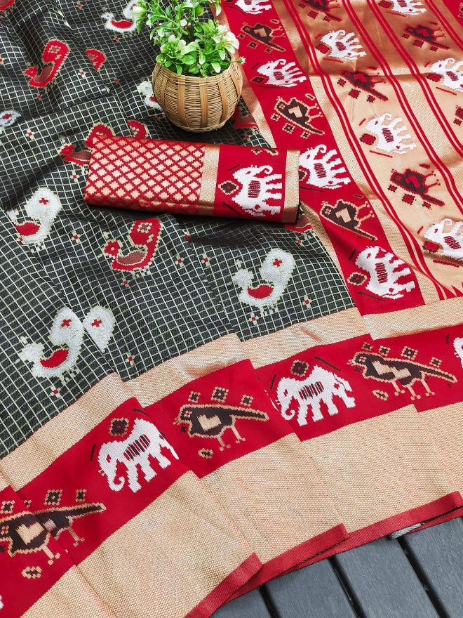 Magnificat Black and Red Soft Silk Saree With Scintillating Blouse Piece