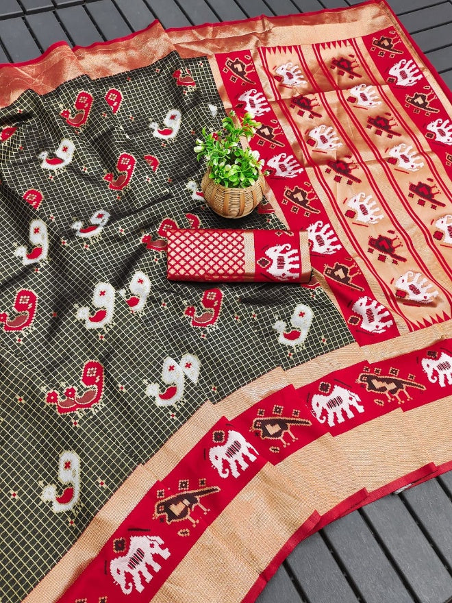 Magnificat Black and Red Soft Silk Saree With Scintillating Blouse Piece