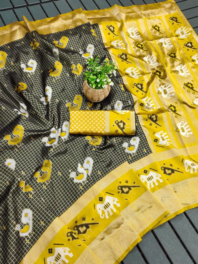 Ephemeral Black and Yellow Soft Silk Saree With Snazzy Blouse Piece