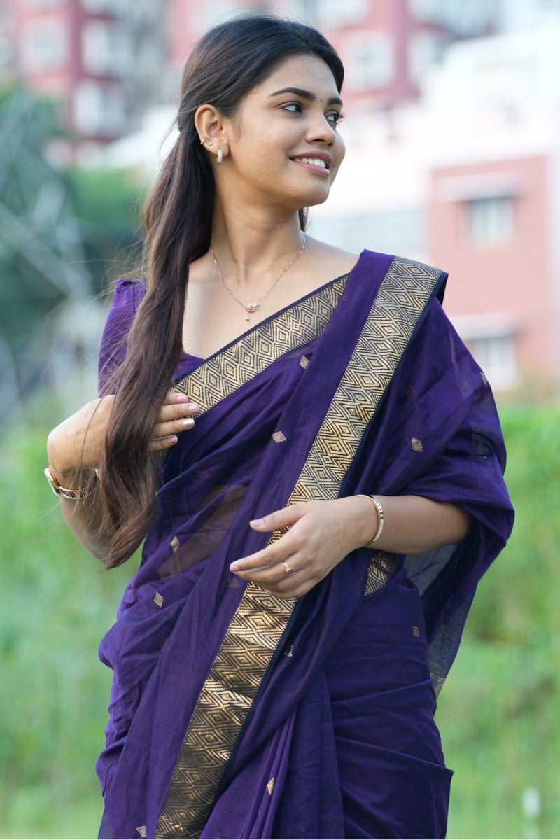Glorious Purple Cotton Silk Saree With Denouement Blouse Piece