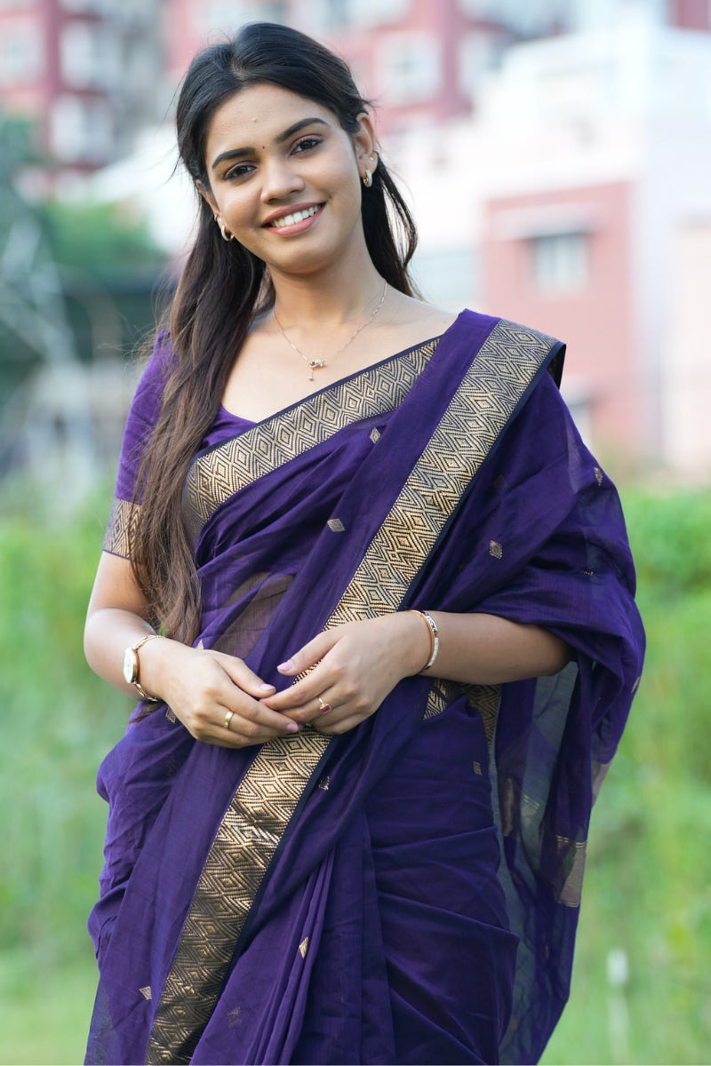 Glorious Purple Cotton Silk Saree With Denouement Blouse Piece
