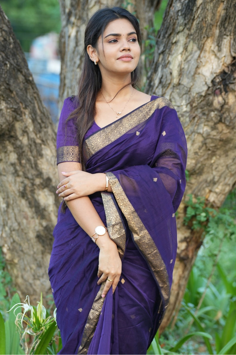 Glorious Purple Cotton Silk Saree With Denouement Blouse Piece
