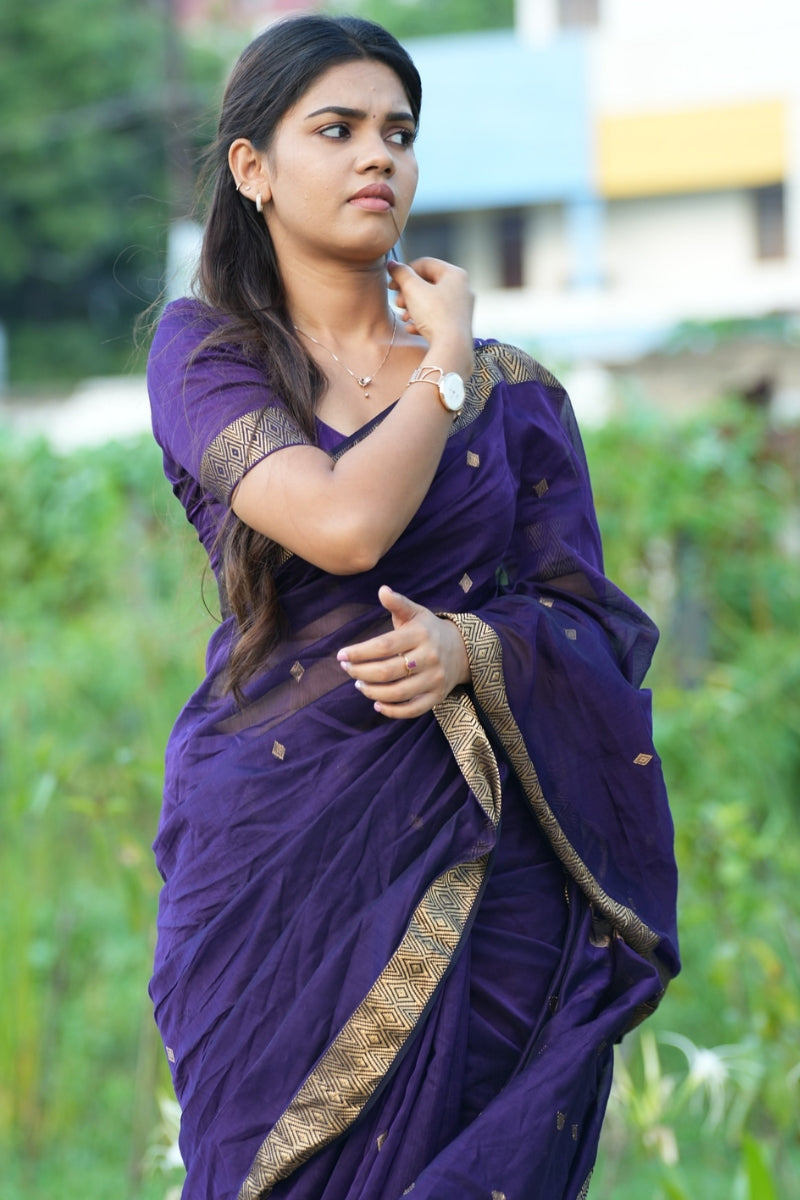 Glorious Purple Cotton Silk Saree With Denouement Blouse Piece