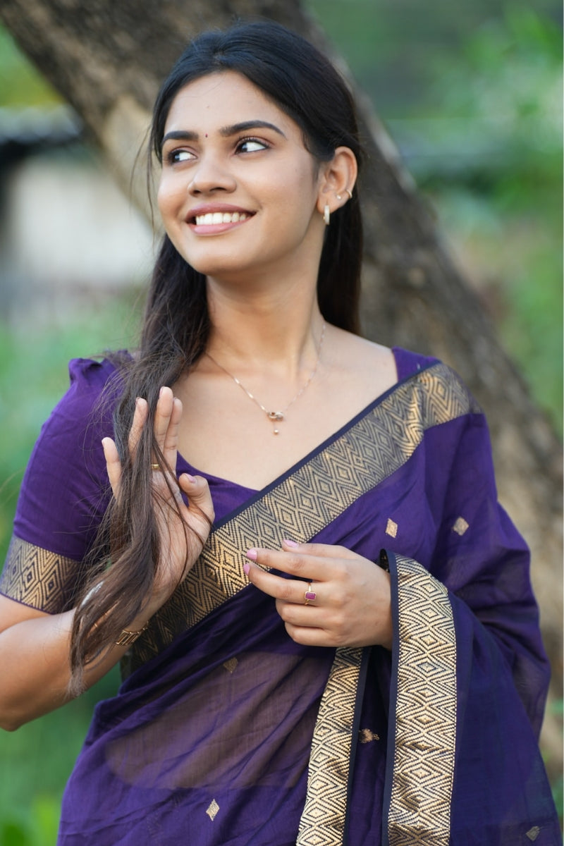 Glorious Purple Cotton Silk Saree With Denouement Blouse Piece