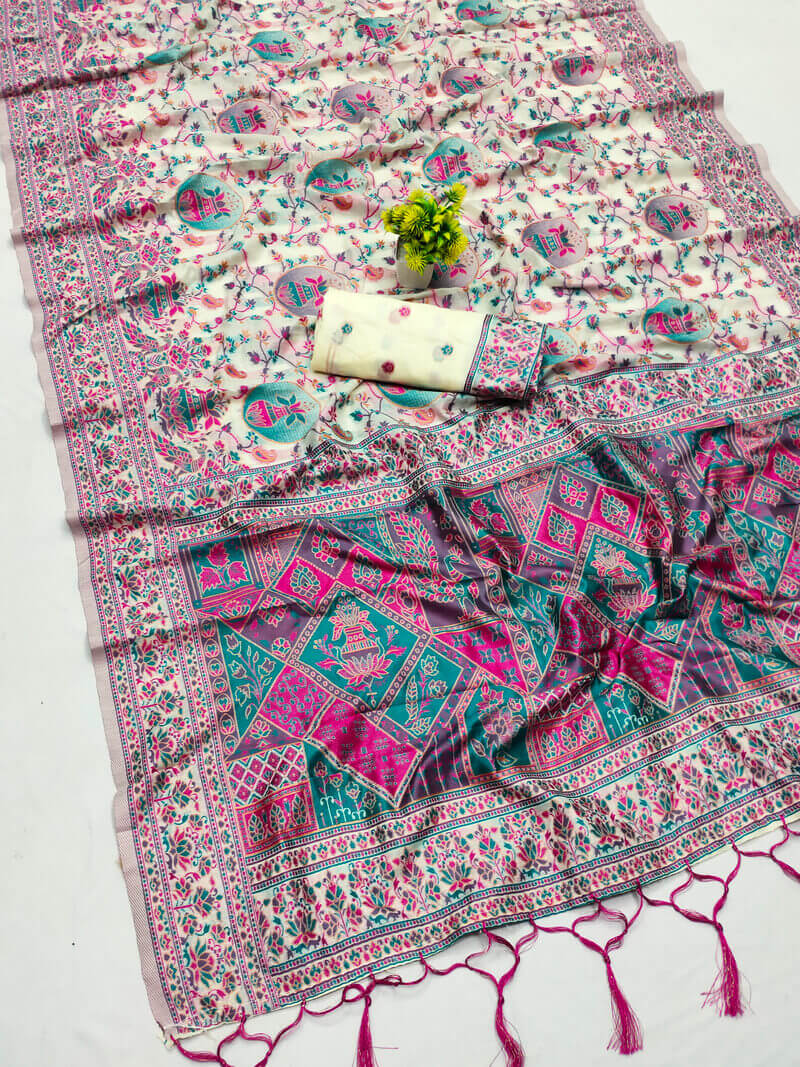Staring Beige Pashmina saree With Blooming Blouse Piece
