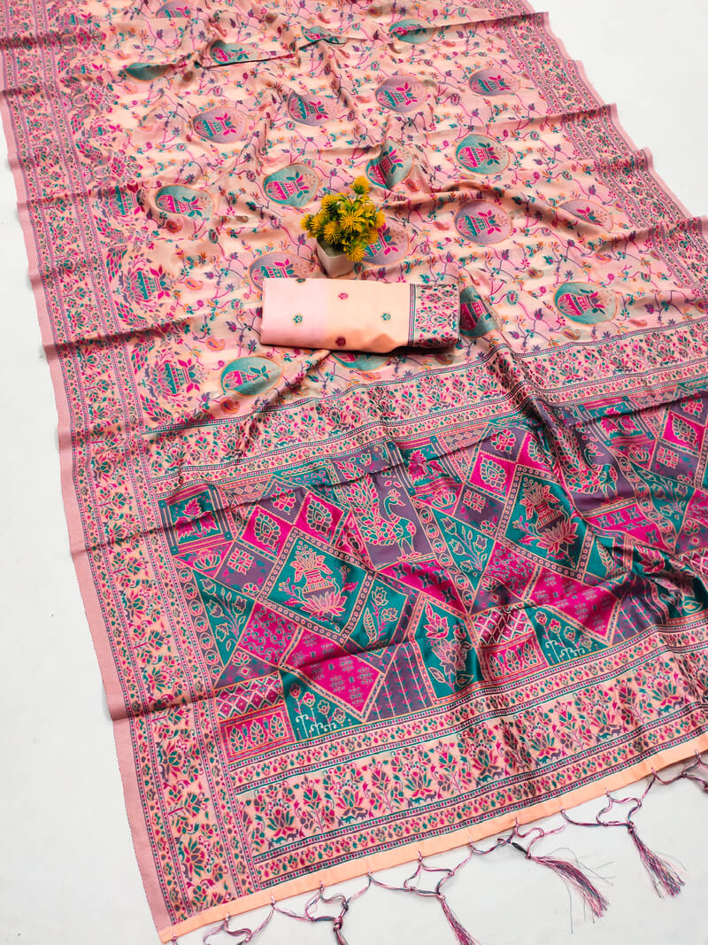 Beauteous Peach Pashmina saree With Eloquence Blouse Piece