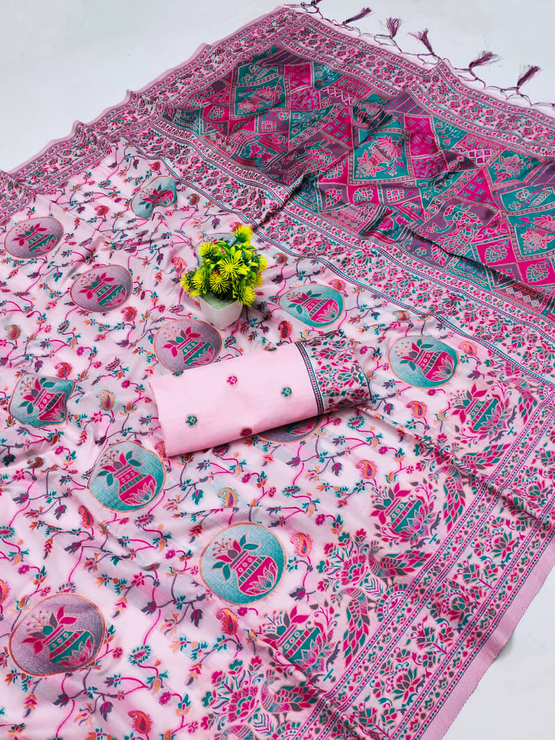 Sempiternal Pink Pashmina saree With Gratifying Blouse Piece