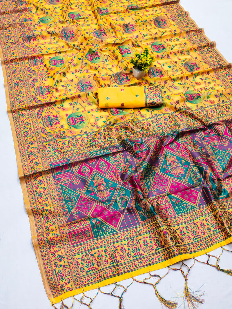 Proficient Yellow Pashmina saree With Vibrant Blouse Piece