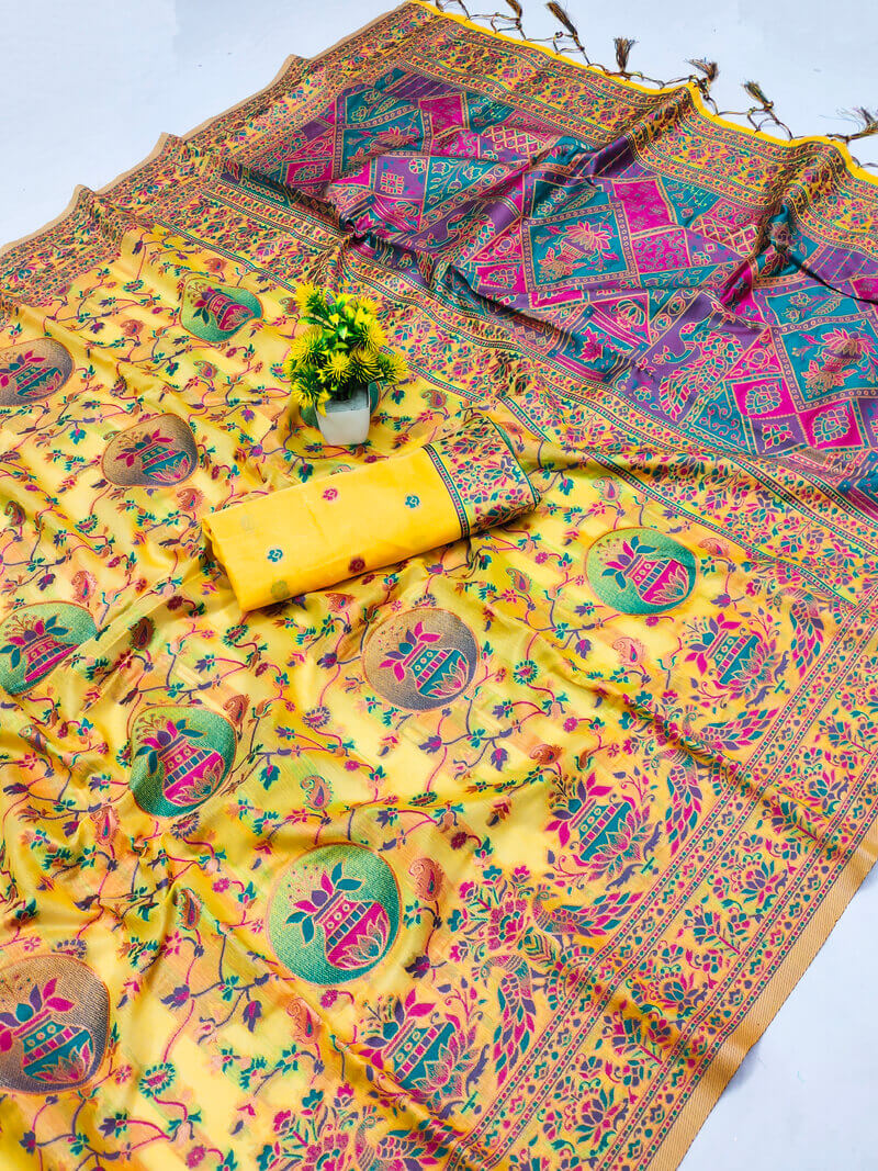 Proficient Yellow Pashmina saree With Vibrant Blouse Piece