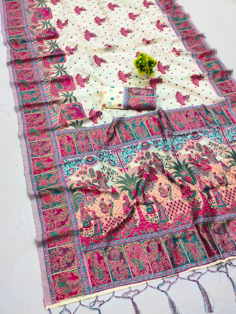 Beguiling Beige Pashmina saree With Tempting Blouse Piece