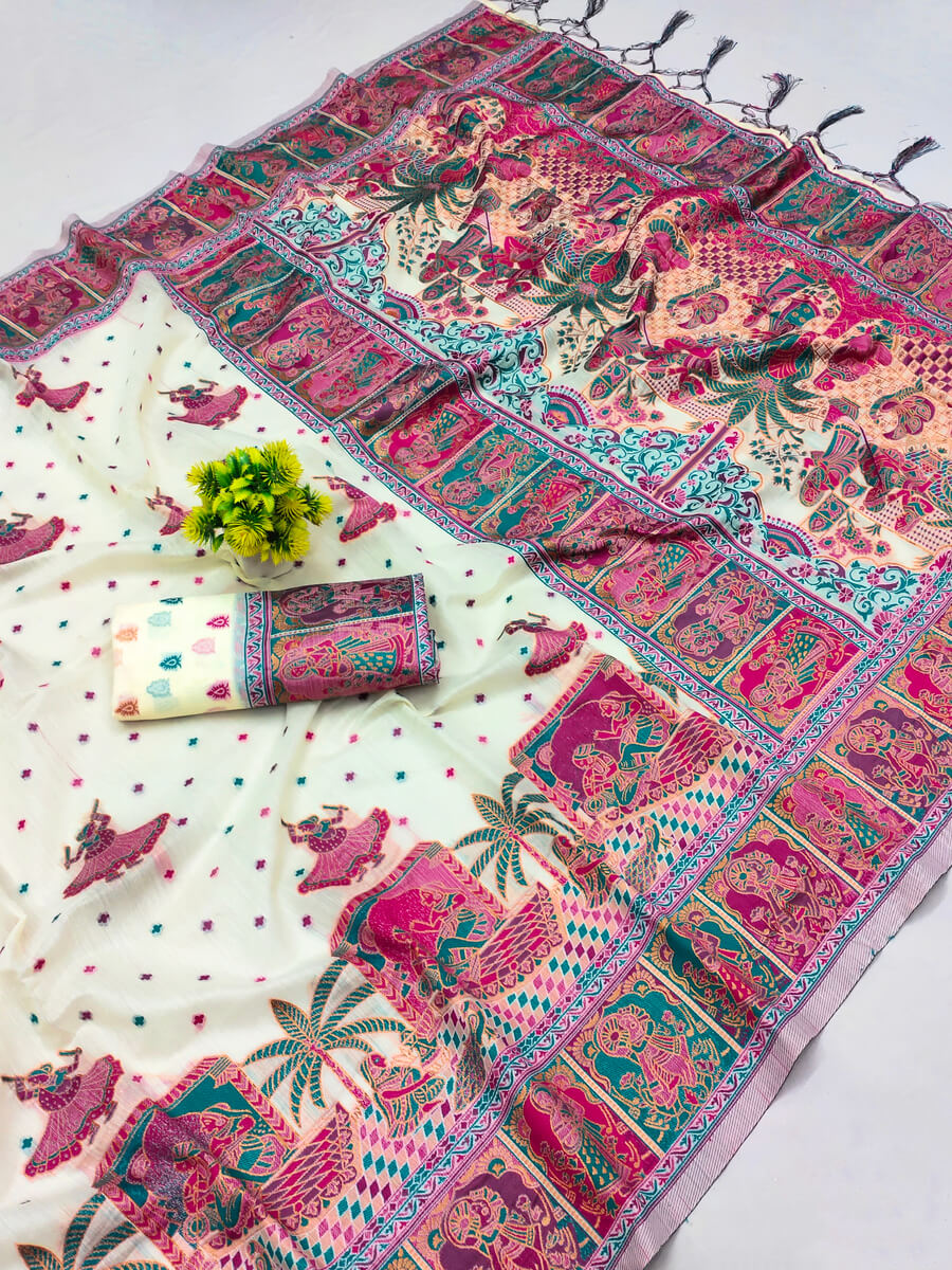 Beguiling Beige Pashmina saree With Tempting Blouse Piece