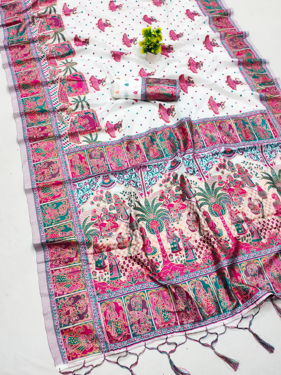 Adoring Off White Pashmina saree With Demure Blouse Piece