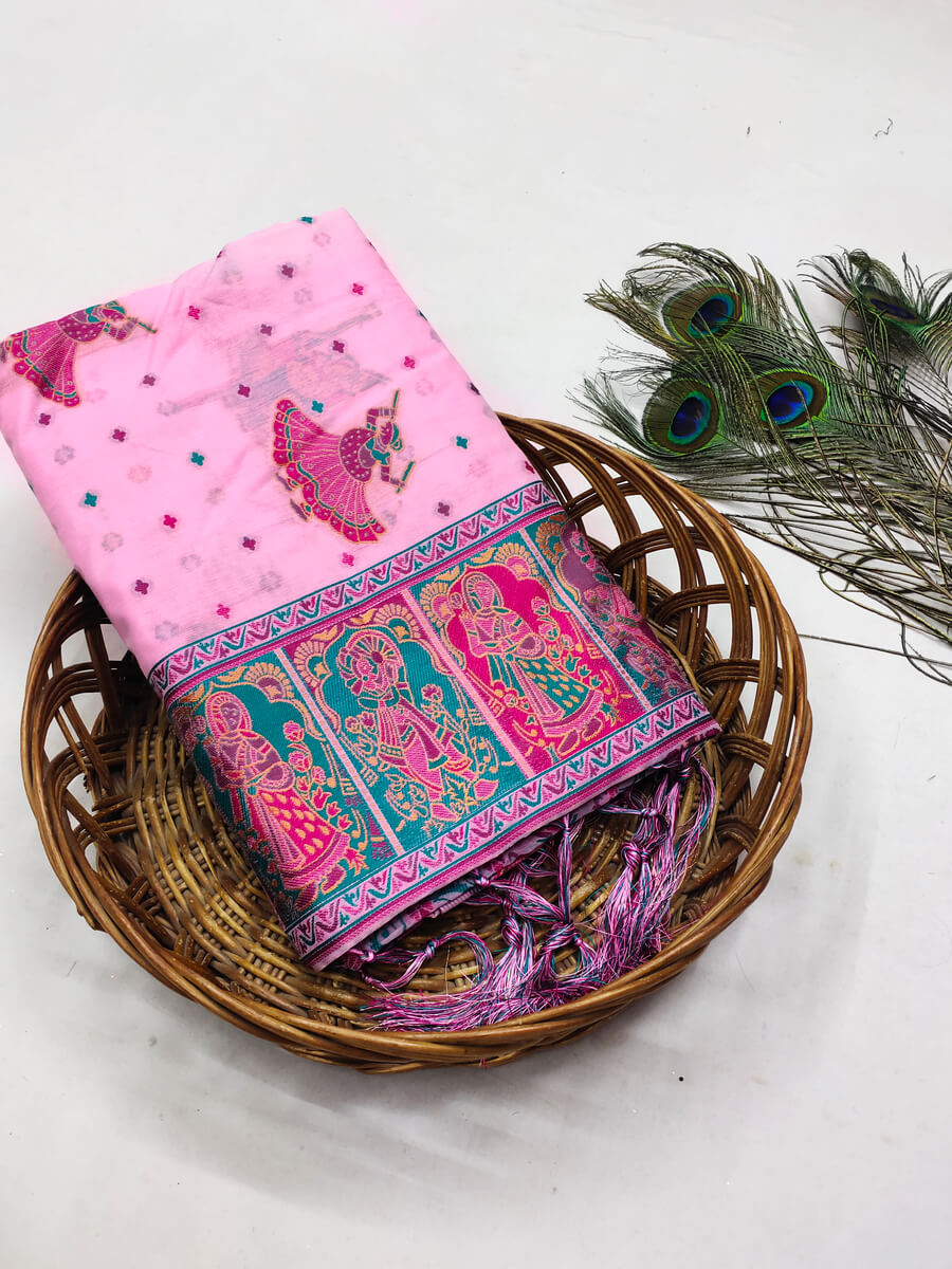Moiety Pink Pashmina saree With Susurrous Blouse Piece