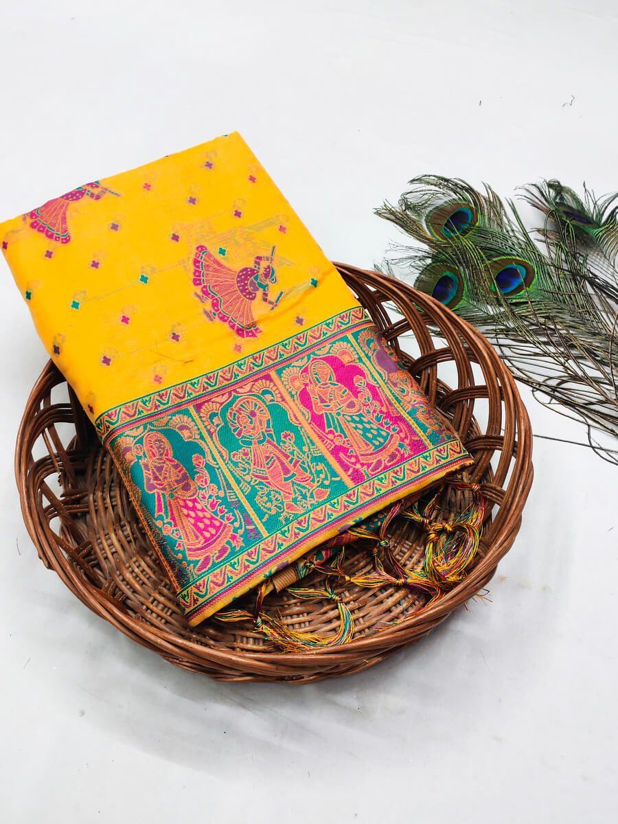 Artistic Yellow Pashmina saree With Enthralling Blouse Piece