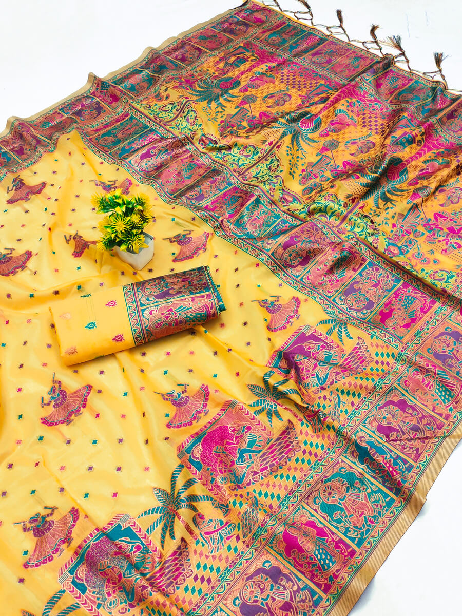 Artistic Yellow Pashmina saree With Enthralling Blouse Piece