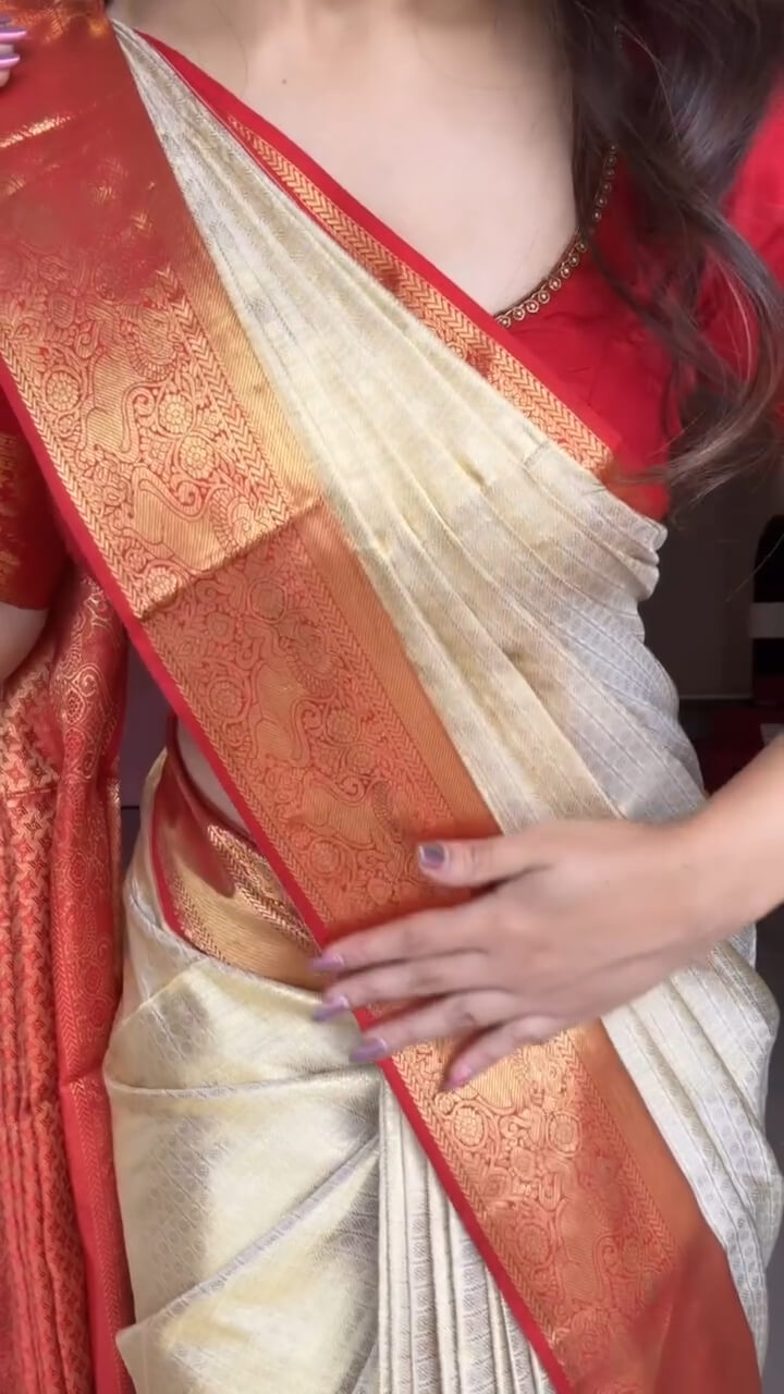 Opulent Beige Soft Banarasi Silk Saree With Diaphanous Blouse Piece
