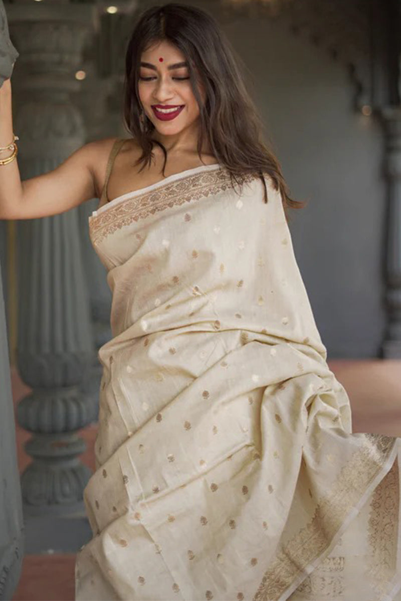Lassitude Beige Linen Silk Saree With Artistic Blouse Piece