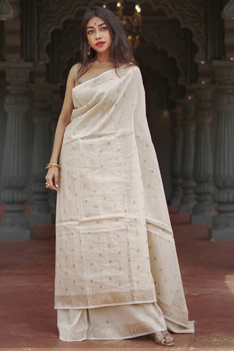 Lassitude Beige Linen Silk Saree With Artistic Blouse Piece