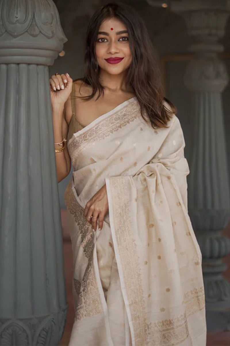 Lassitude Beige Linen Silk Saree With Artistic Blouse Piece