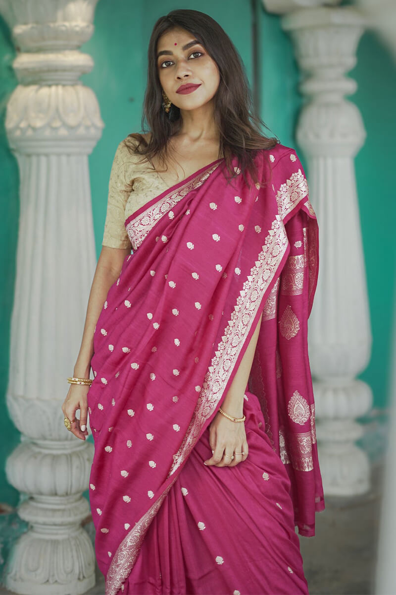 Transcendent Dark Pink Linen Silk Saree With Enigmatic Blouse Piece